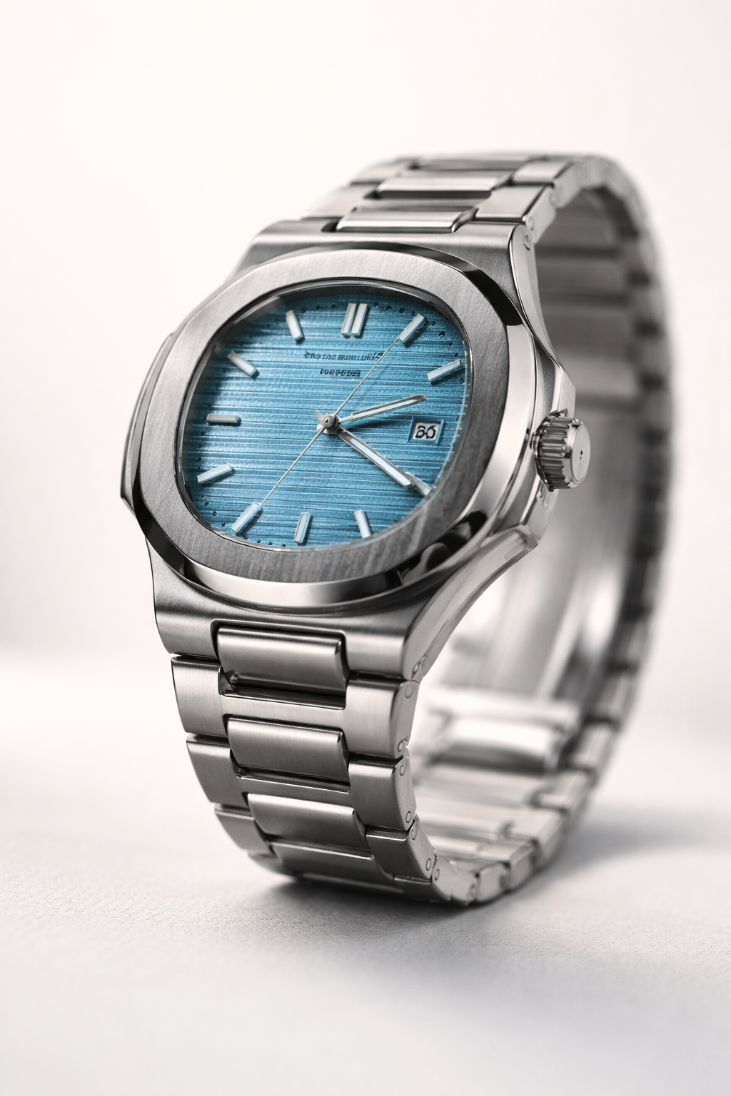 Men’s Stainless Steel Watch – Ice Blue Textured Dial with Date
