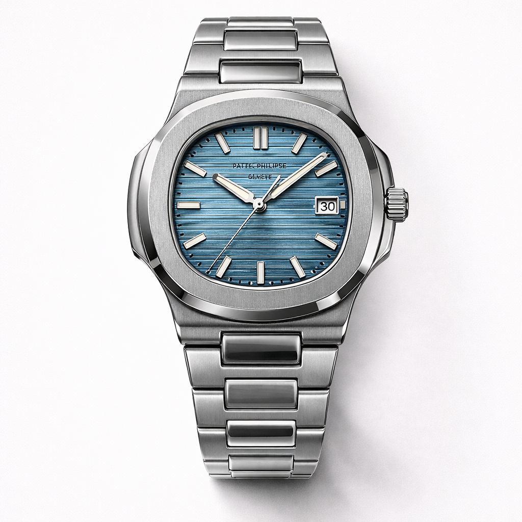 Men’s Stainless Steel Watch – Ice Blue Textured Dial with Date